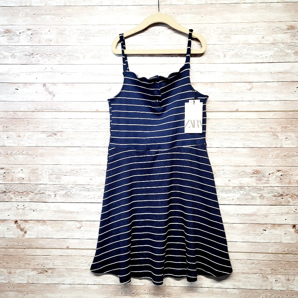 Zara navy blue striped spaghetti strap dress
